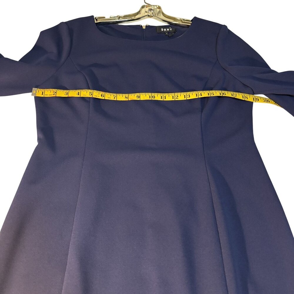 DKNY Navy Blue Bell Sleeve Sheath Dress With Tiered Ruffle Detail Zipper Closure - Picture 7 of 8